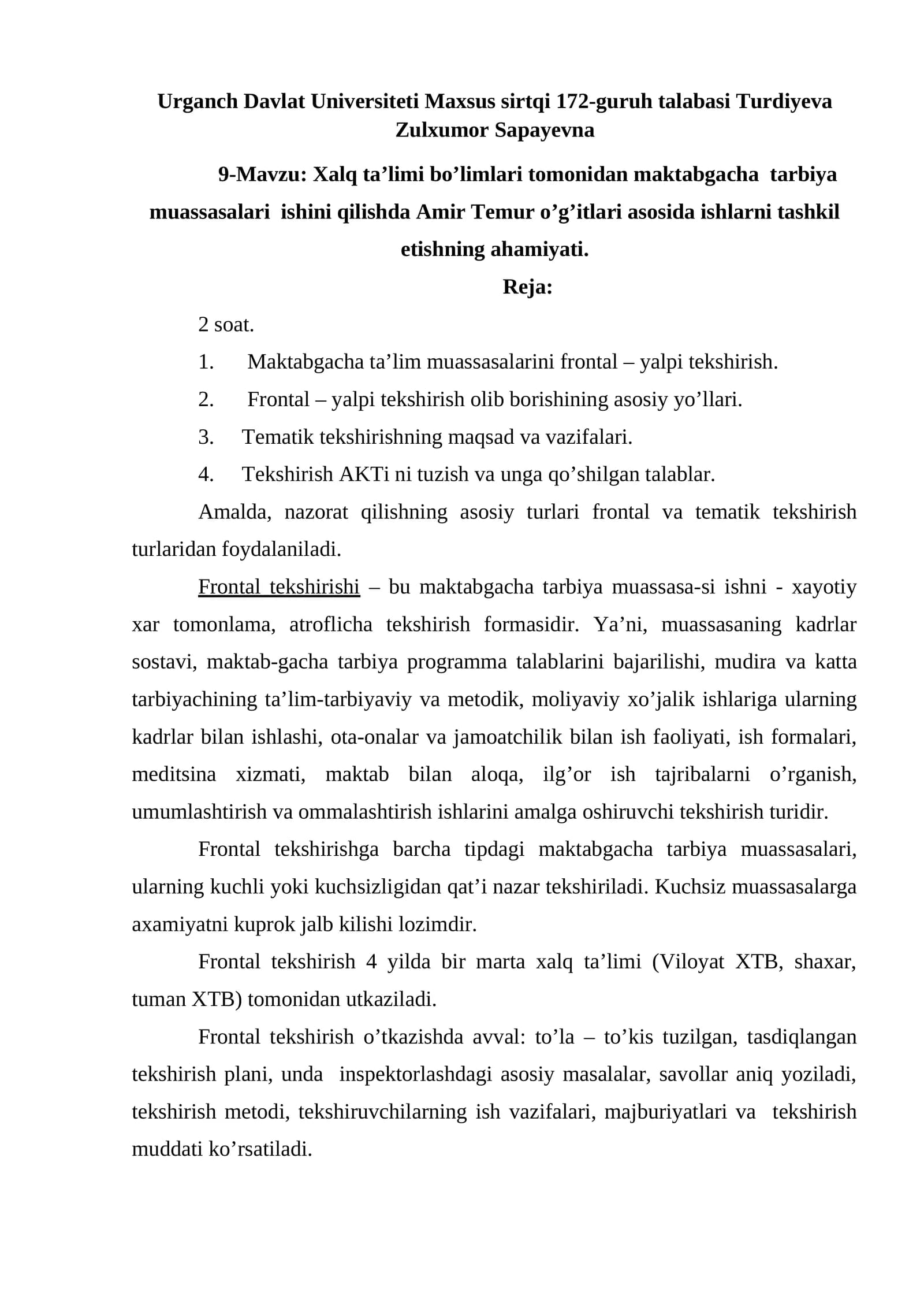 Xalq ta’limi bo’limlari tomonidan maktabgacha tarbiya muassasalari ishini qilishda Amir Temur o’g’itlari asosida ishlarni tashkil etishning ahamiyati