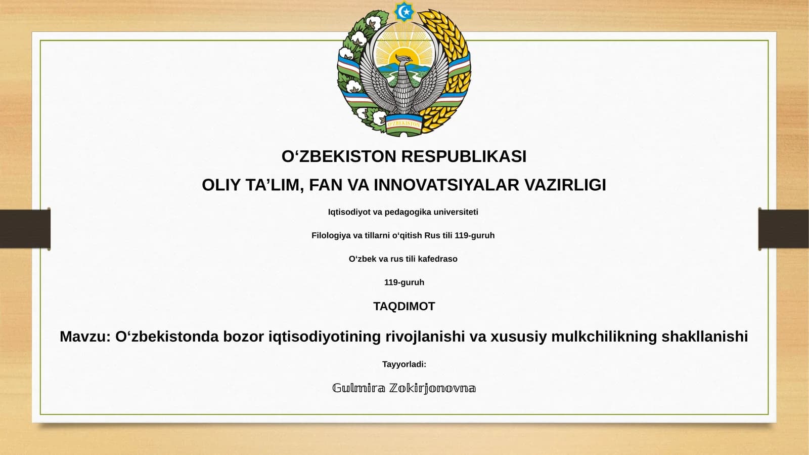 Oʻzbekistondagi bozor iqtisodiyotining rivojlanishi va xususiy mulkchilikning shakllanishi