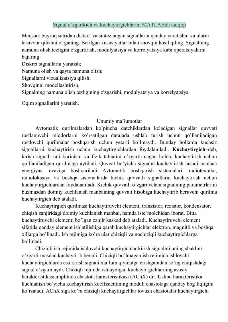 Signal o‘zgartkich va kuchaytirgichlarini MATLABda tadqiqi