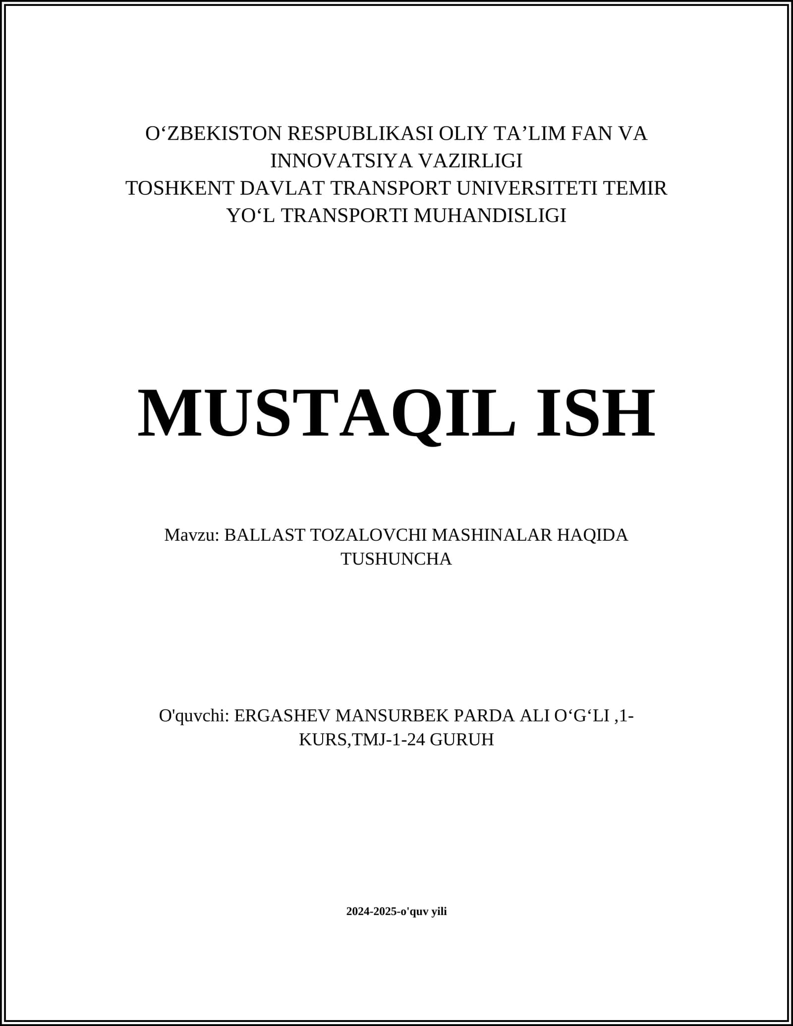 BALLAST TOZALOVCHI MASHINALAR HAQIDA TUSHUNCHA