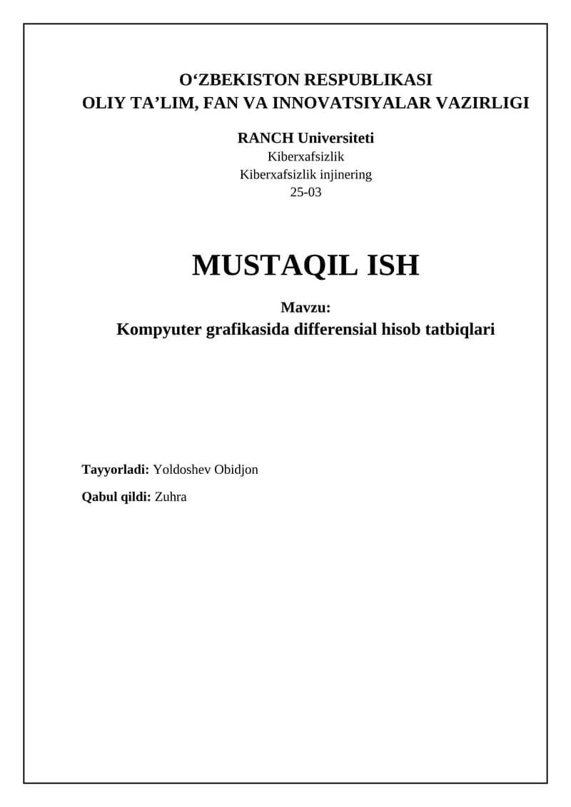Kompyuter grafikasida differensial hisob tatbiqlari