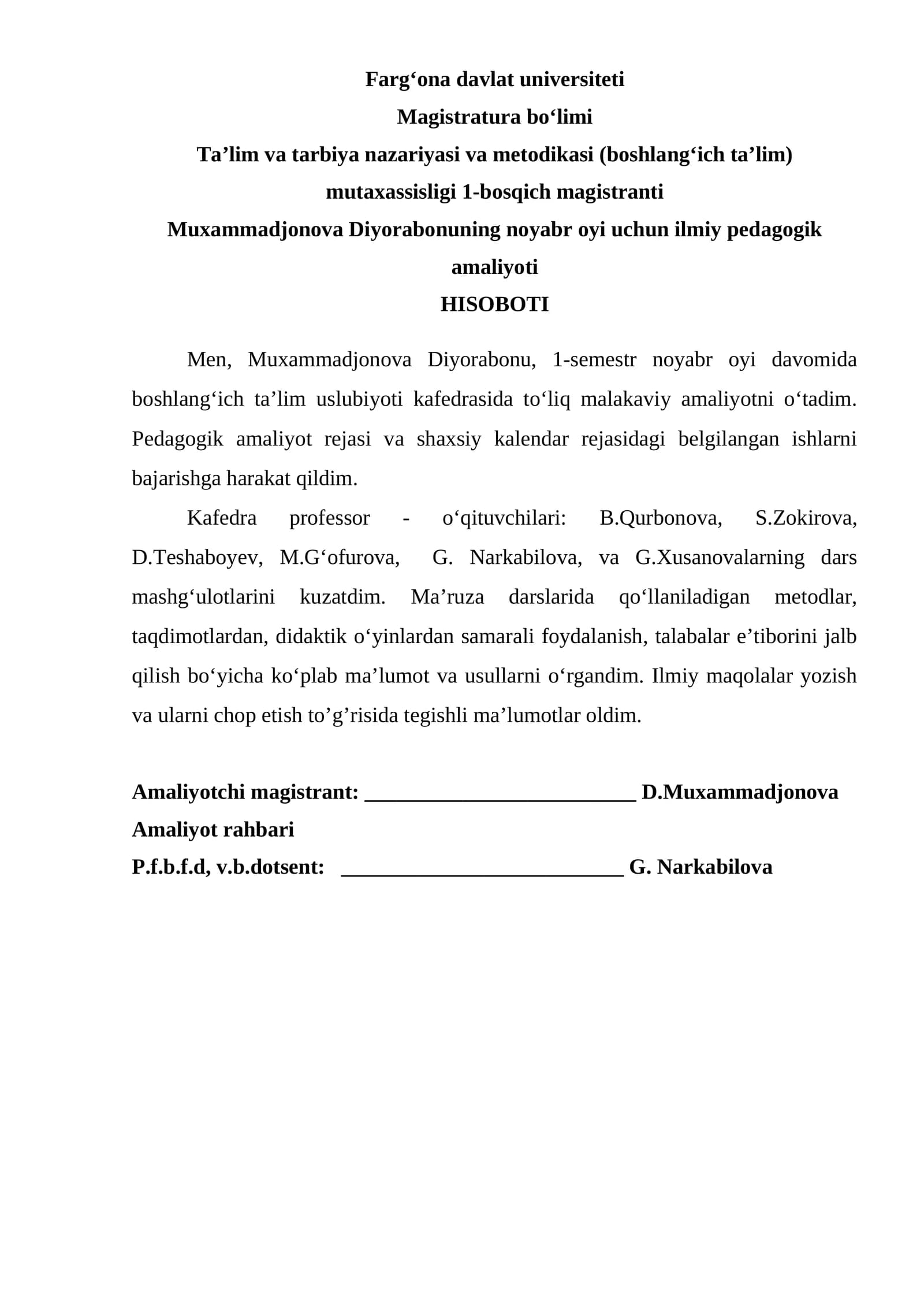 magistrlar uchun amaliyot hisoboti