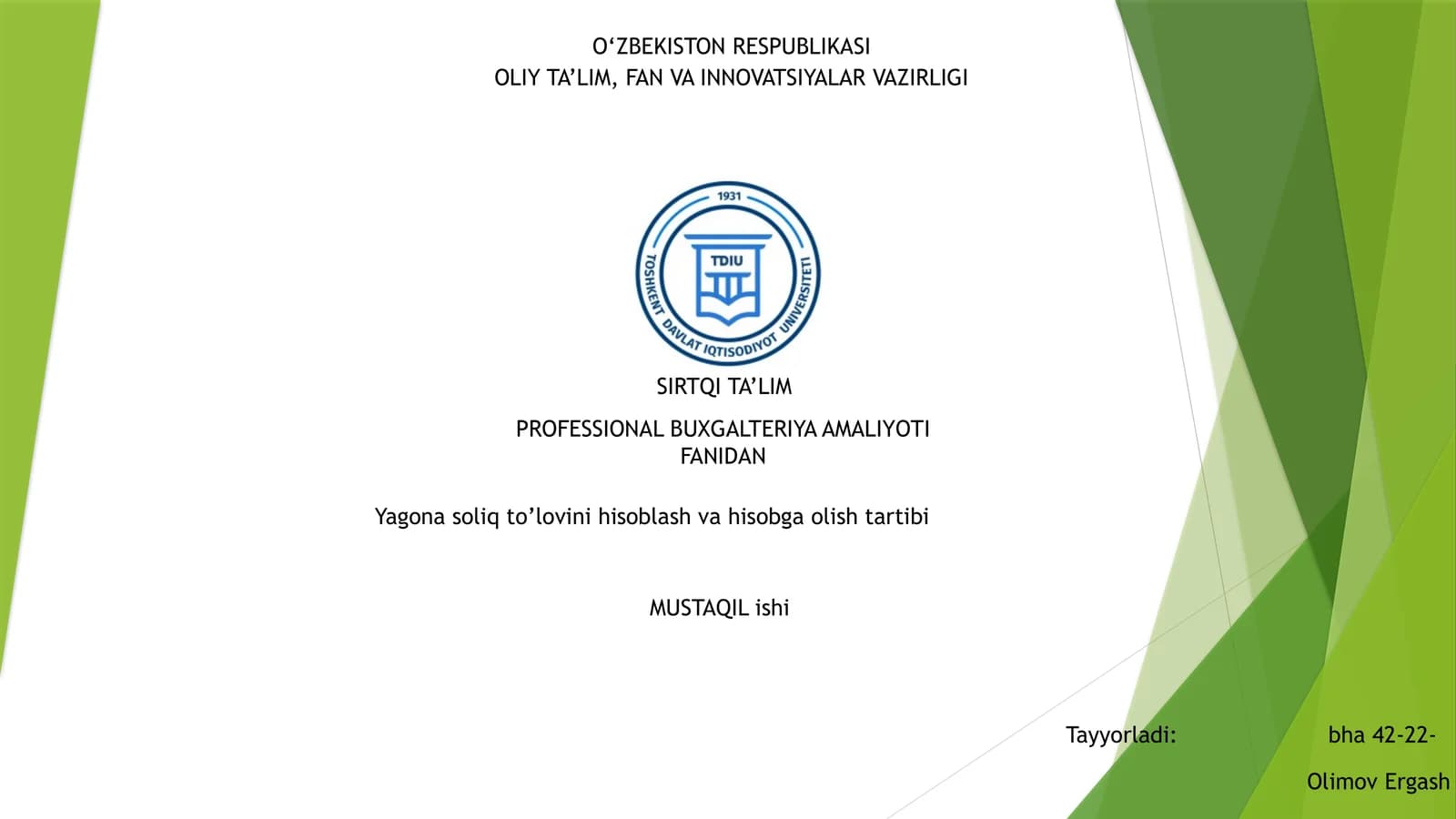 PROFESSIONAL BUXGALTERIYA AMALIYOTI FANIDAN MUSTAQIL ishi