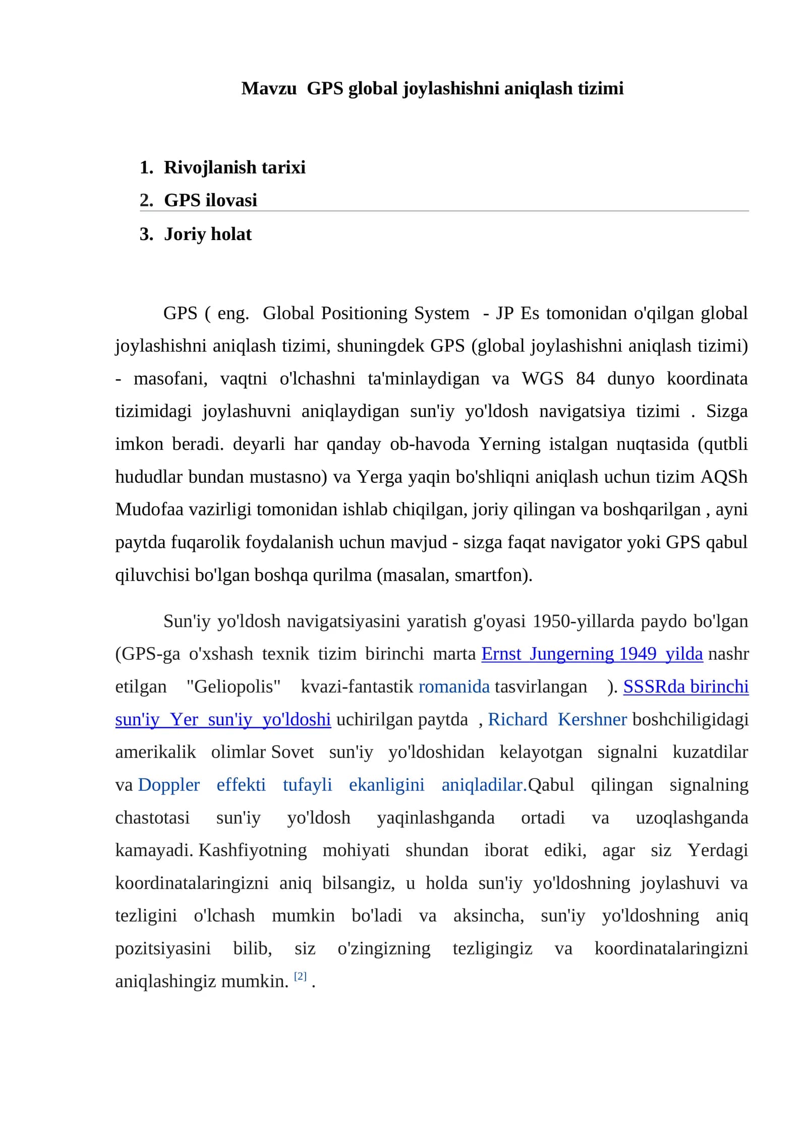GPS global joylashishni aniqlash tizimi