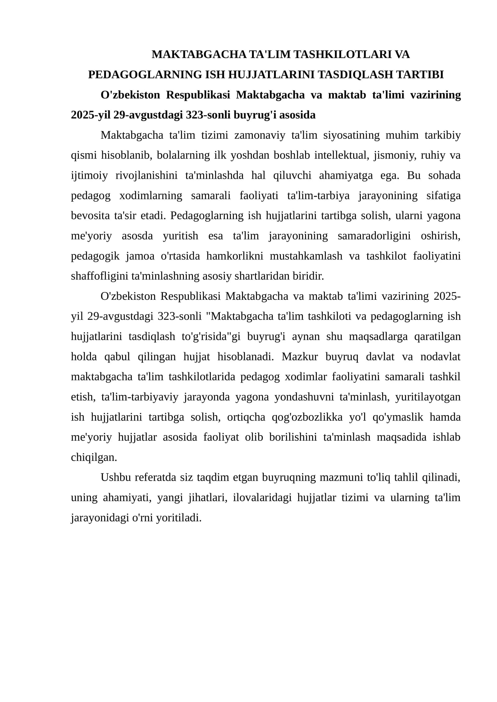 MAKTABGACHA TA'LIM TASHKILOTLARI VA PEDAGOGLARNING ISH HUJJATLARINI TASDIQLASH TARTIBI