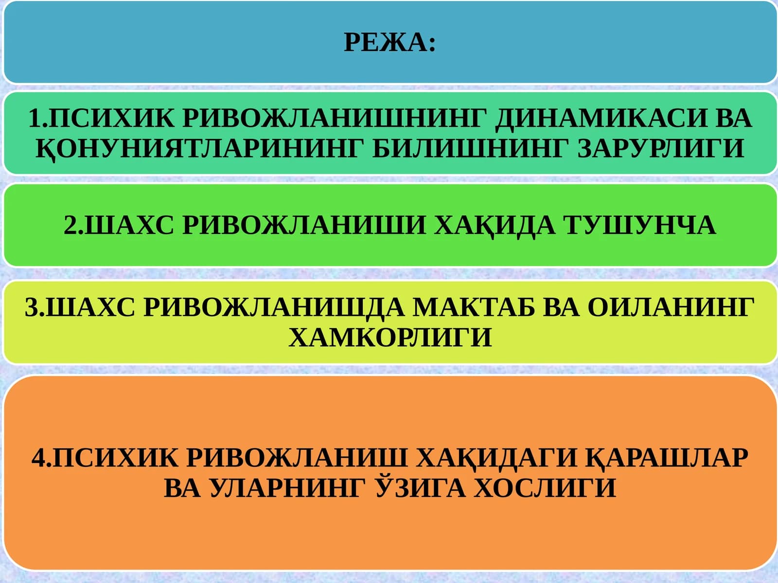 ПСИХИКАНИНГ НАМОЁН БЎЛИШ ШАКЛЛАРИ ВА УЛАРНИНГ ЎЗАРО БОҒЛИҚЛИГИ