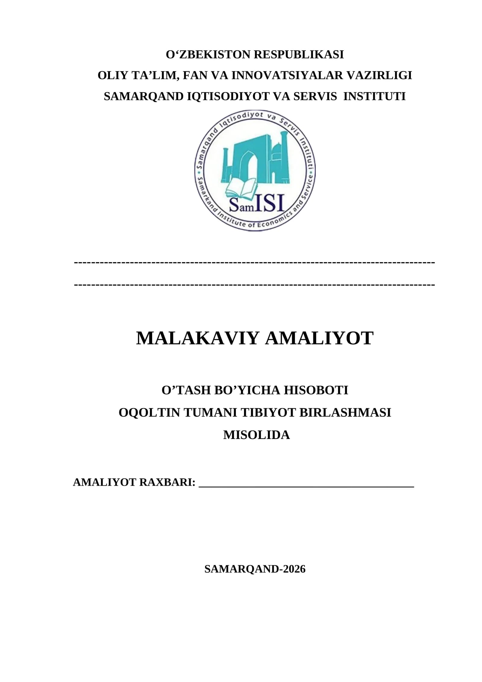 TIBIYOT BIRLASHMASI  amaliyot hisoboti
