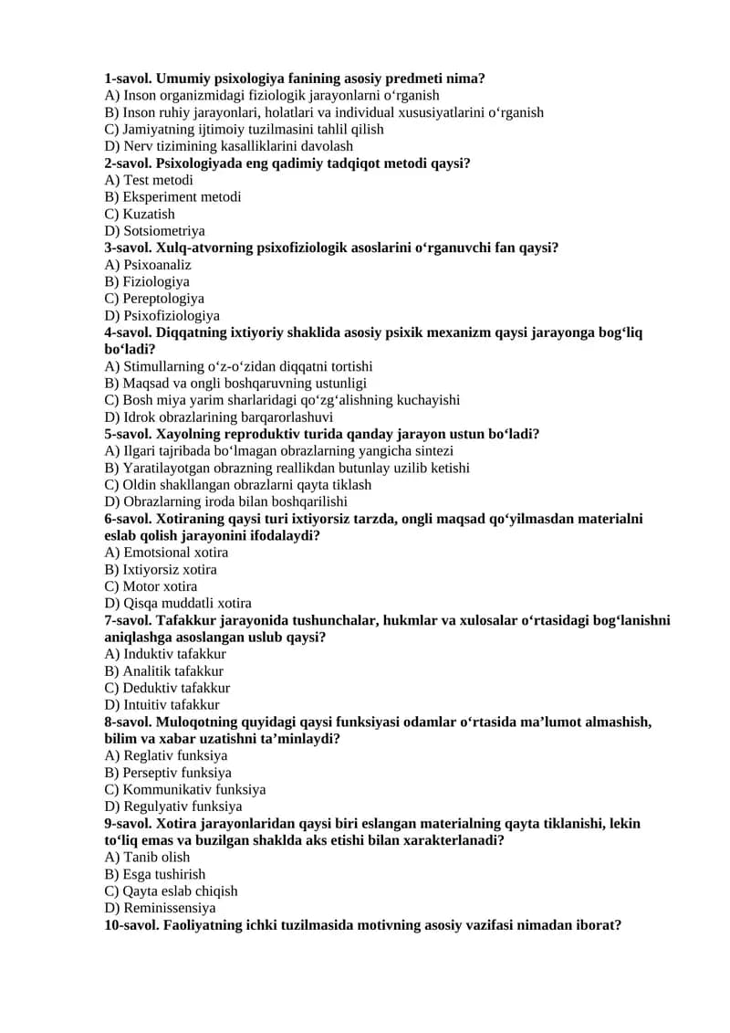 Umumiy psixologiya fanining asosiy predmeti