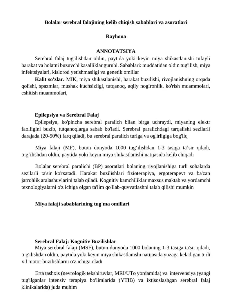 Bolalar serebral falajining kelib chiqish sabablari va asoratlari