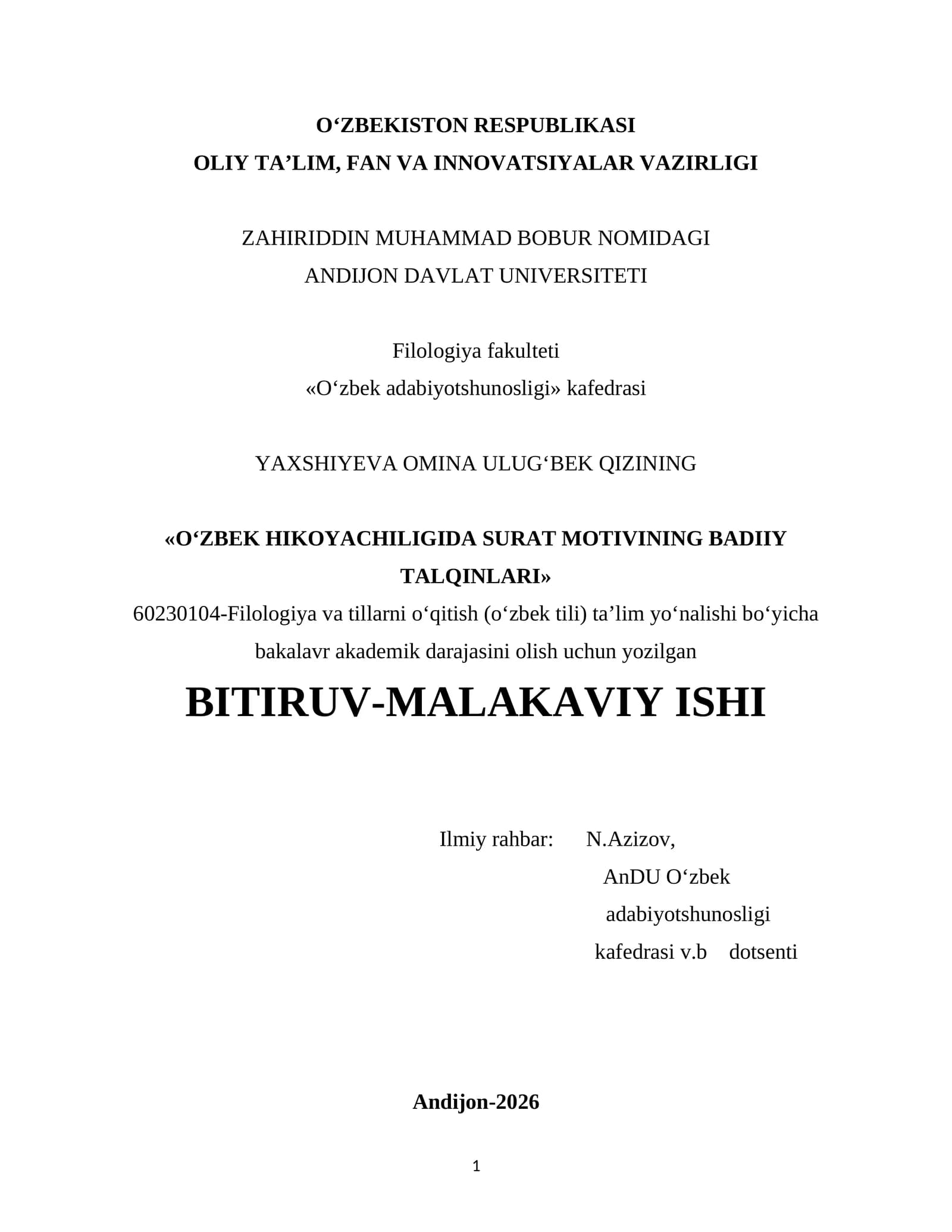 O‘ZBEK HIKOYACHILIGIDA SURAT MOTIVINING BADIIY TALQINLARI