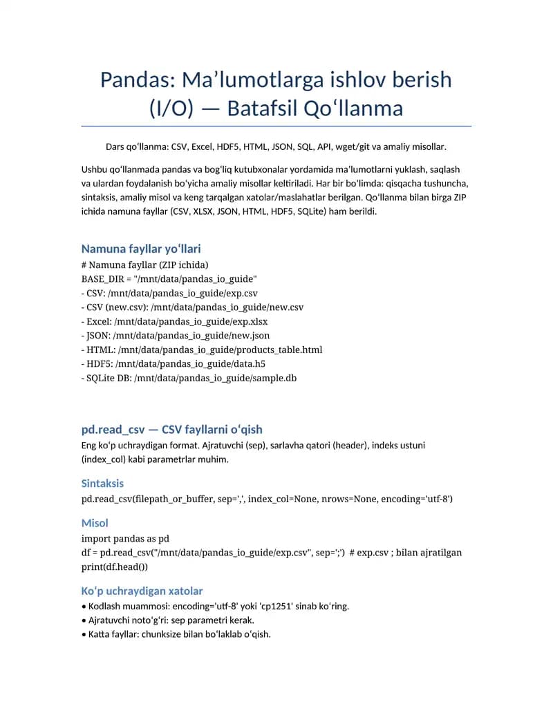 Pandas: Maʼlumotlarga ishlov berish (I/O) — Batafsil Qo‘llanma