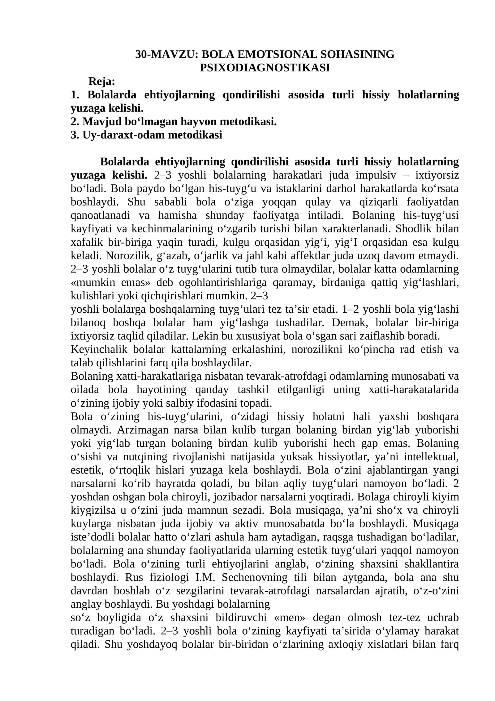 BOLA EMOTSIONAL SOHASINING PSIXODIAGNOSTIKASI