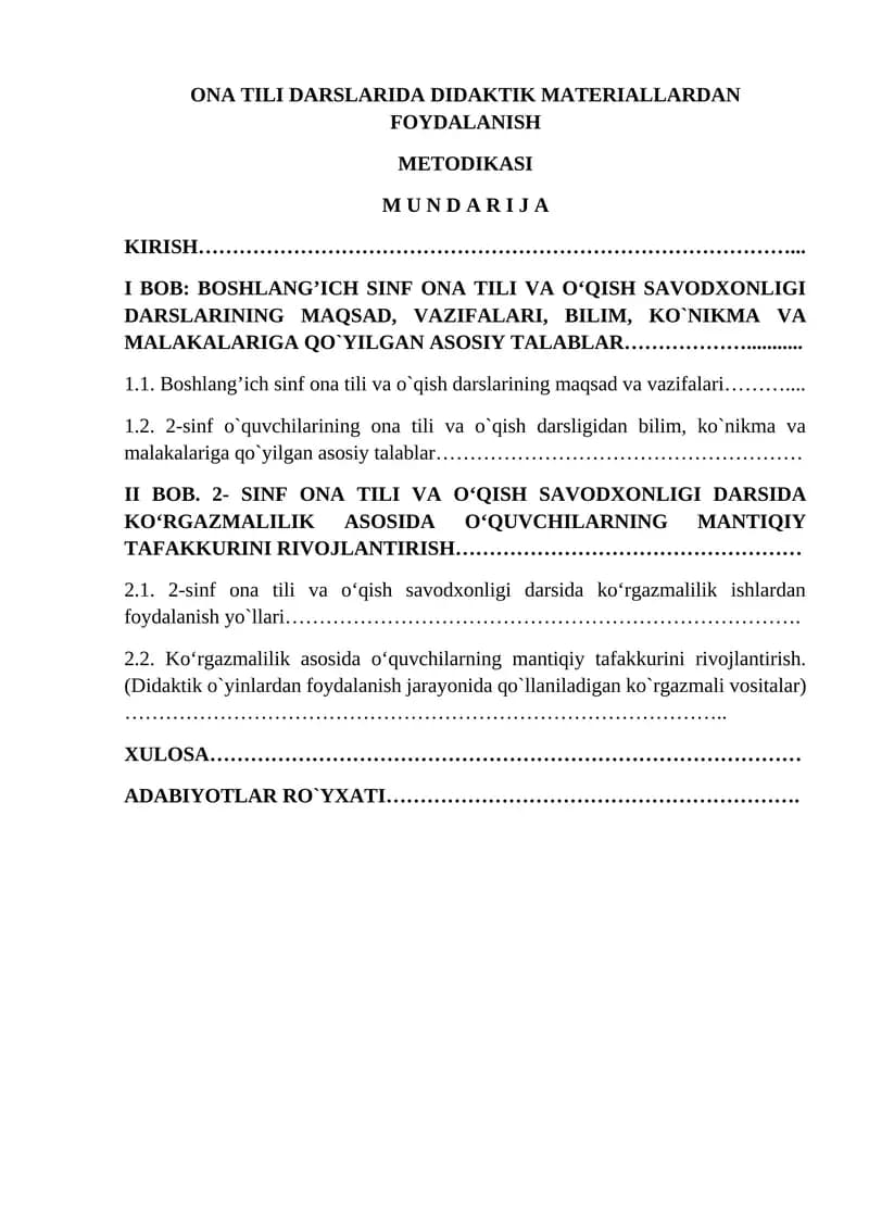 ONA TILI DARSLARIDA DIDAKTIK MATERIALLARDAN FOYDALANISH METODIKASI
