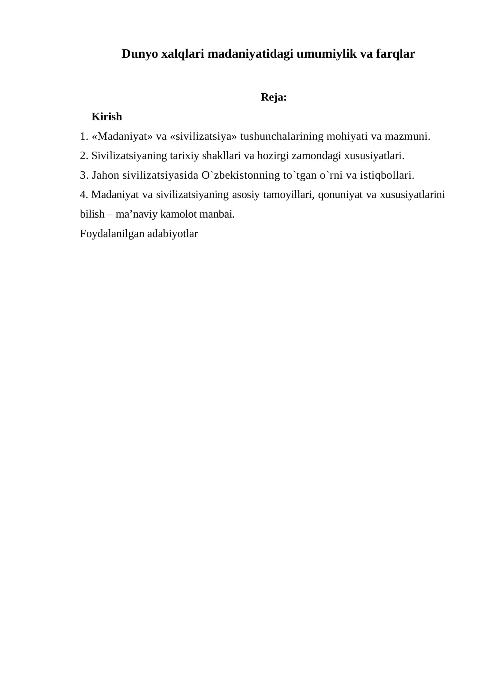 Dunyo xalqlari madaniyatidagi umumiylik va farqlar