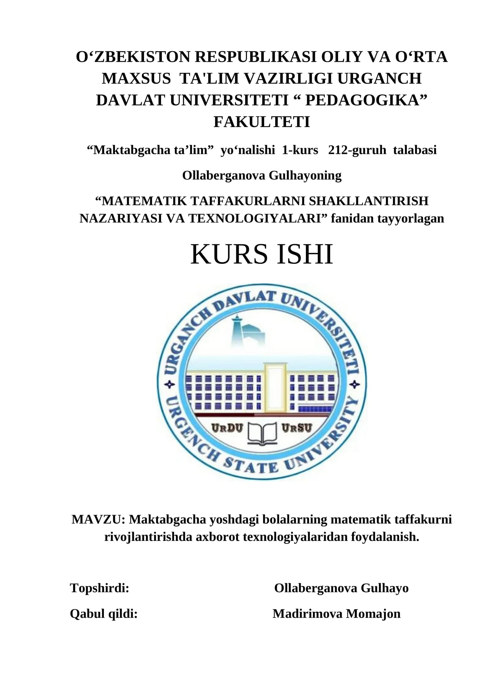 MATEMATIK TAFFAKURLARNI SHAKLLANTIRISH NAZARIYASI VA TEXNOLOGIYALARI