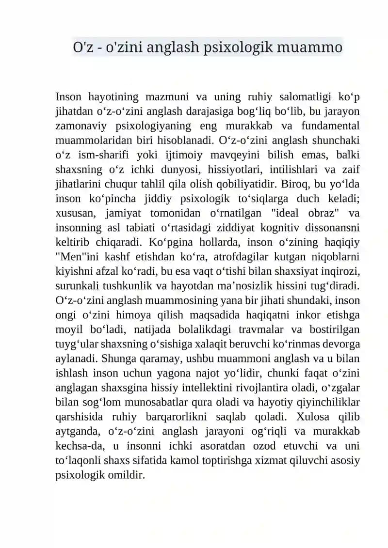 O'z - o'zini anglash psixologik muammo