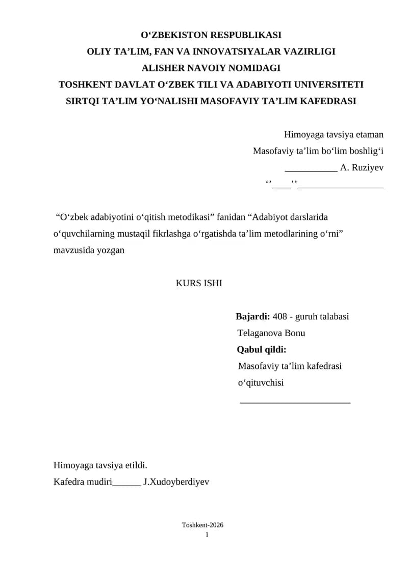 Adabiyot darslarida oʻquvchilarning mustaqil fikrlashga oʻrgatishda taʼlim metodlarining oʻrni