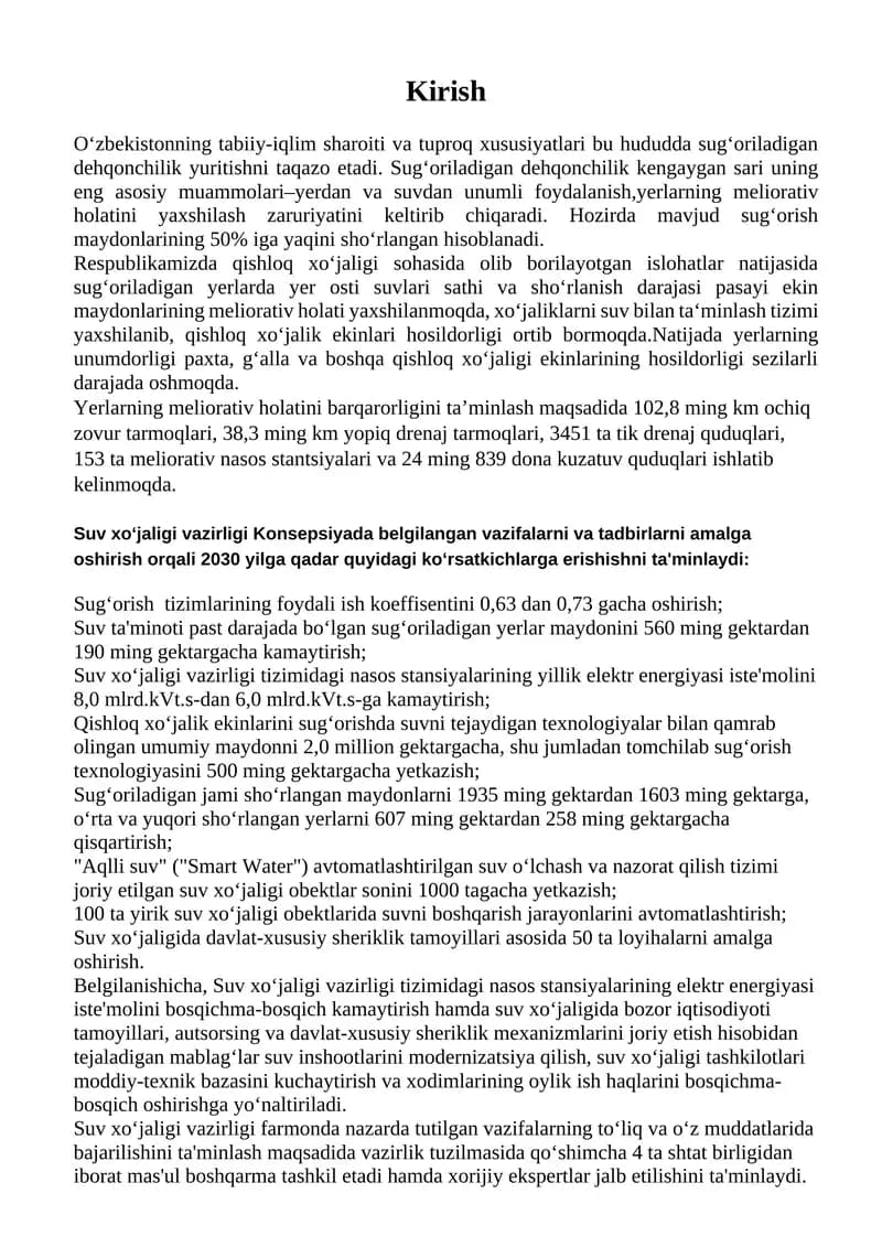 Sug‘oriladigan yerlarning meliorativ holatini yaxshilash