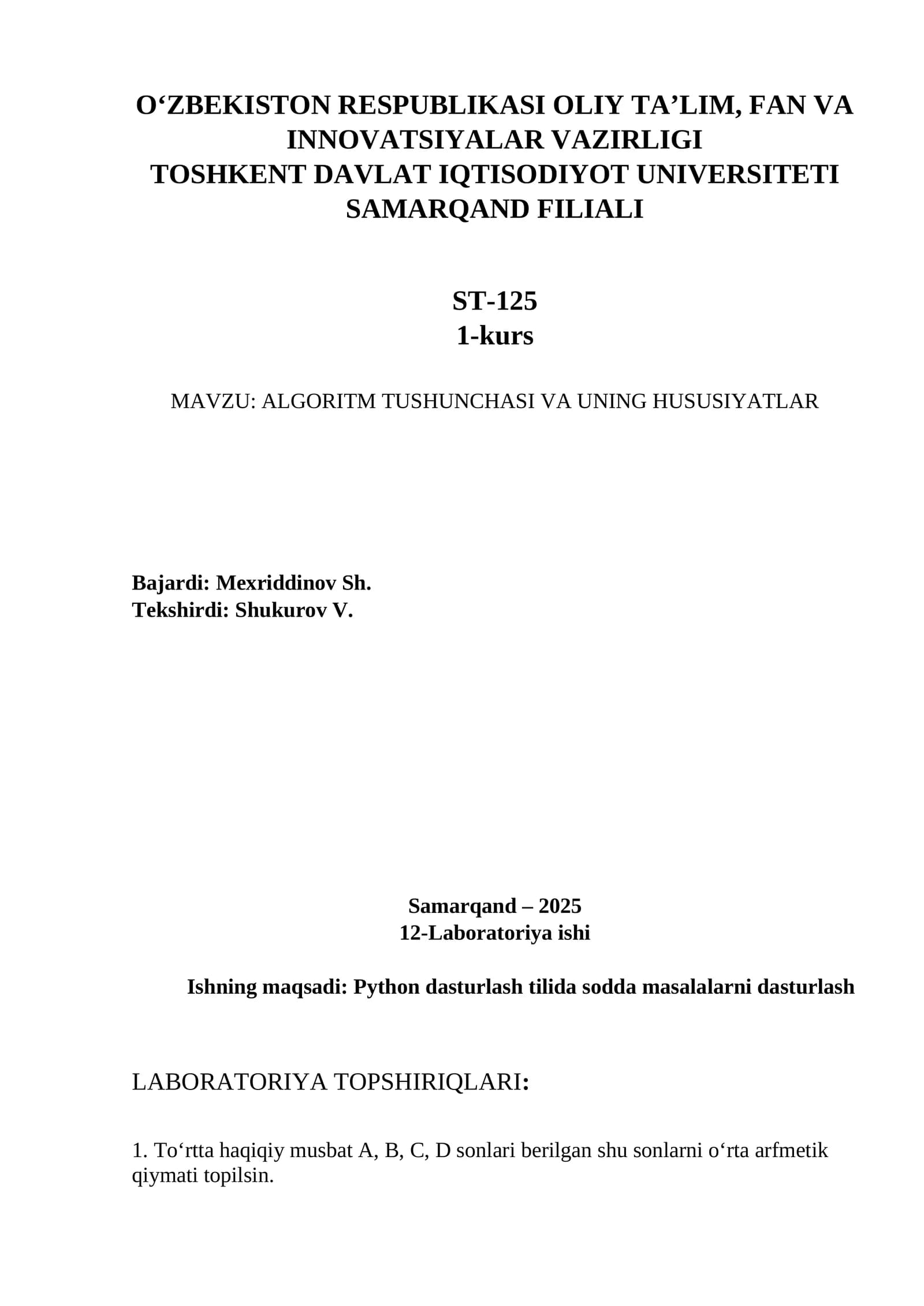 ALGORITM TUSHUNCHASI VA UNING HUSUSIYATLAR