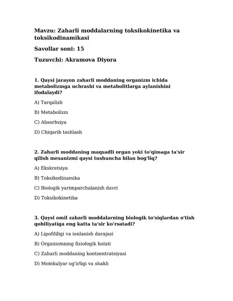 Zaharli moddalarning toksikokinetika va toksikodinamikasi