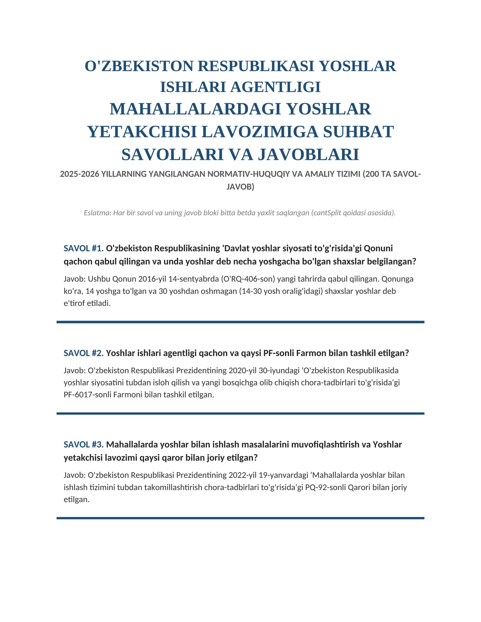 MAHALLALARDAGI YOSHLAR YETAKCHISI LAVOZIMIGA SUHBAT SAVOLLARI VA JAVOBL  2026 yilARI