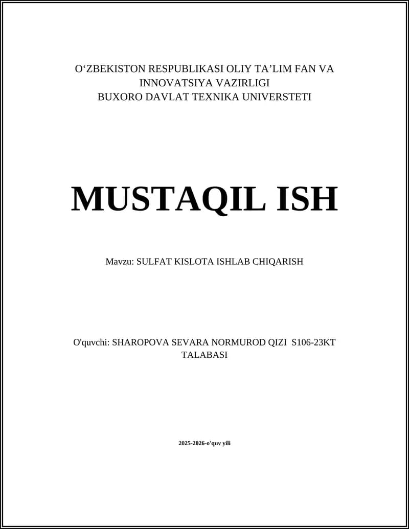 SULFAT KISLOTA ISHLAB CHIQARISH