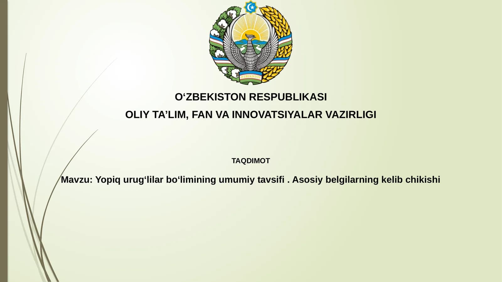 Yopiq urugʻlilar boʻlimining umumiy tavsifi. Asosiy belgilarning kelib chiqishi