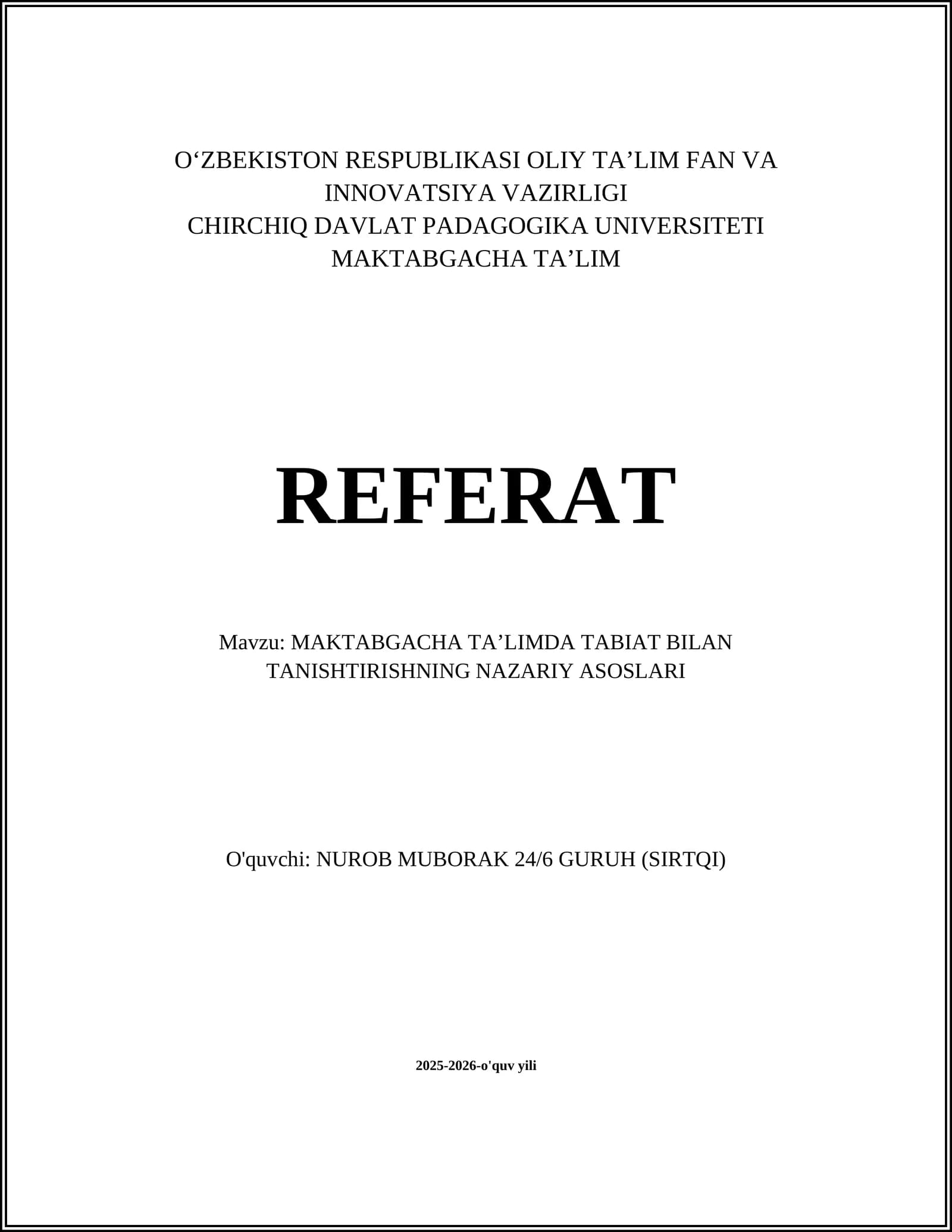 MAKTABGACHA TA’LIMDA TABIAT BILAN TANISHTIRISHNING NAZARIY ASOSLARI