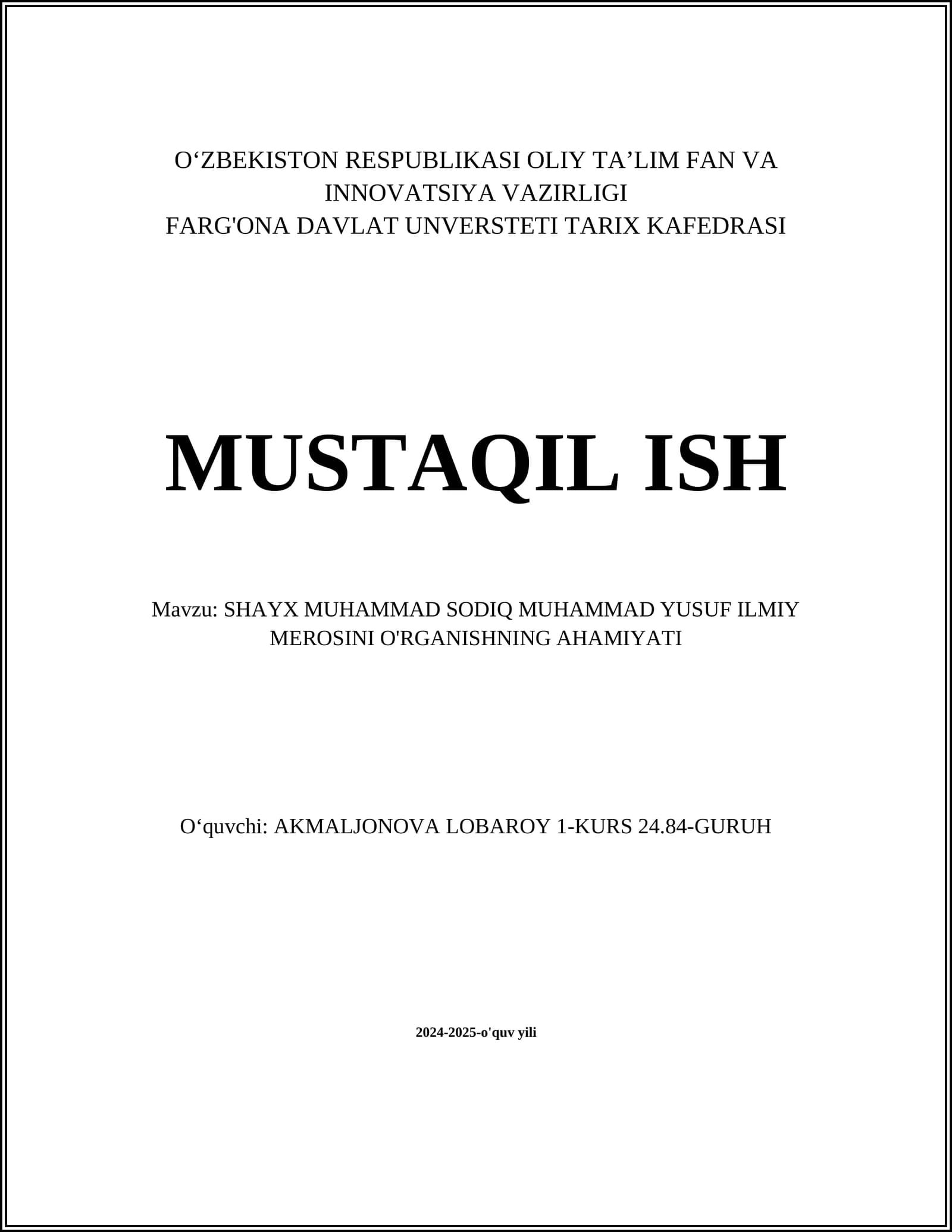 SHAYX MUHAMMAD SODIQ MUHAMMAD YUSUF ILMIY MEROSINI O'RGANISH