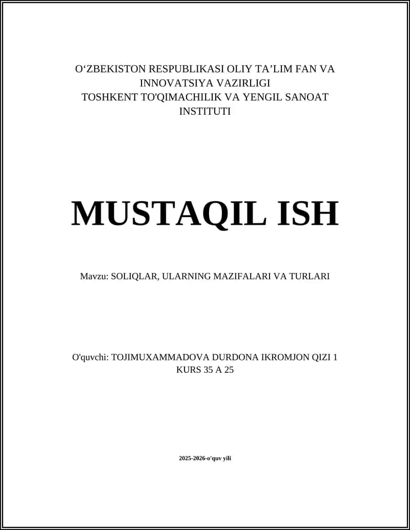 SOLIQLAR, ULARNING MAZIFALARI VA TURLARI