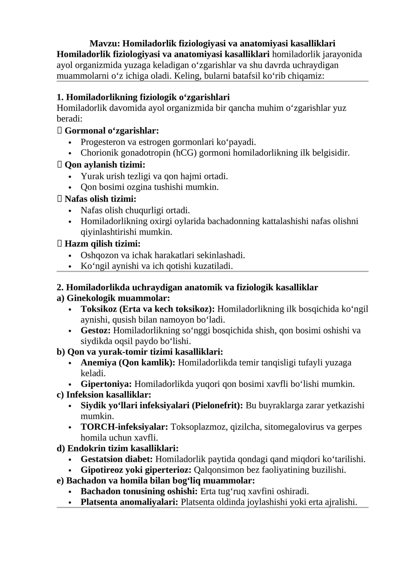 Homiladorlik fiziologiyasi va anatomiyasi kasalliklari