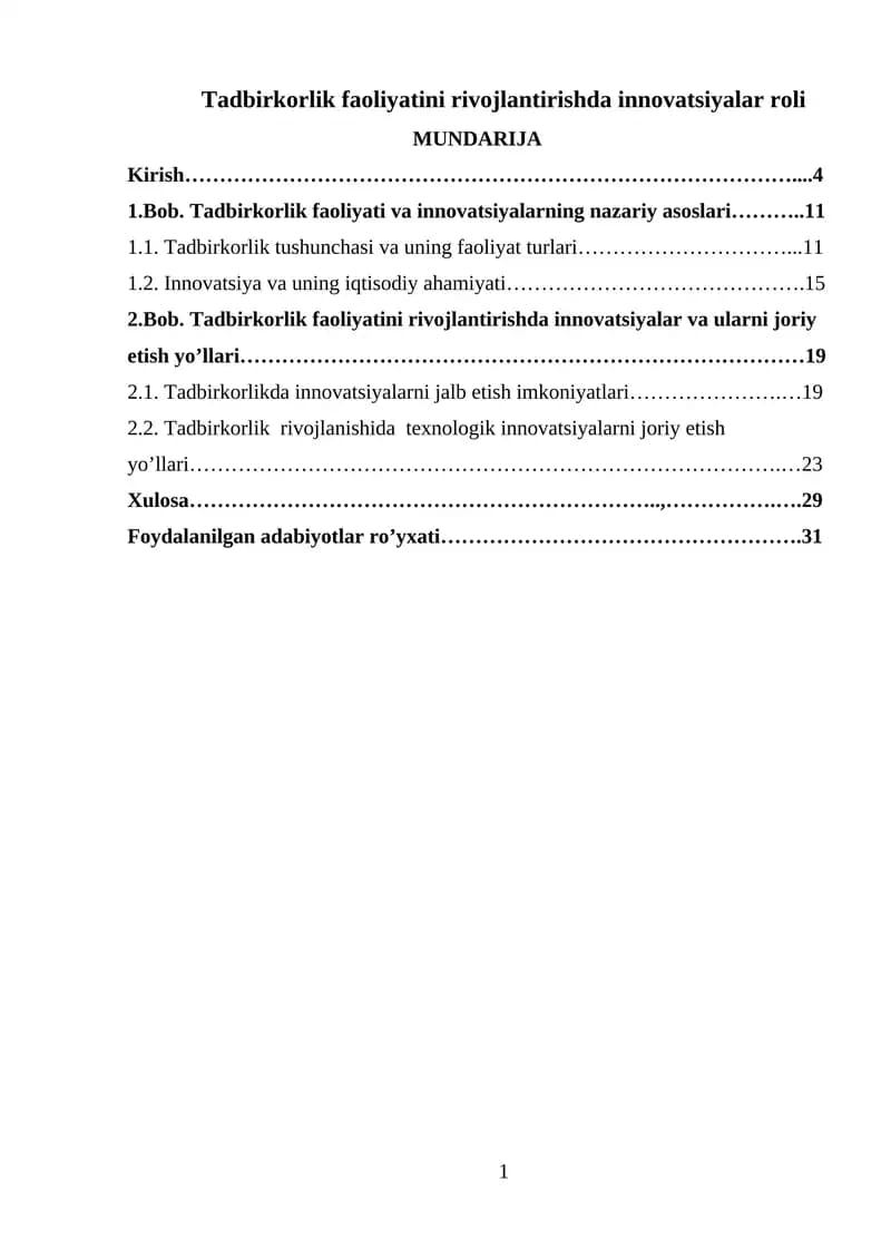 Tadbirkorlik faoliyatini rivojlantirishda innovatsiyalar roli