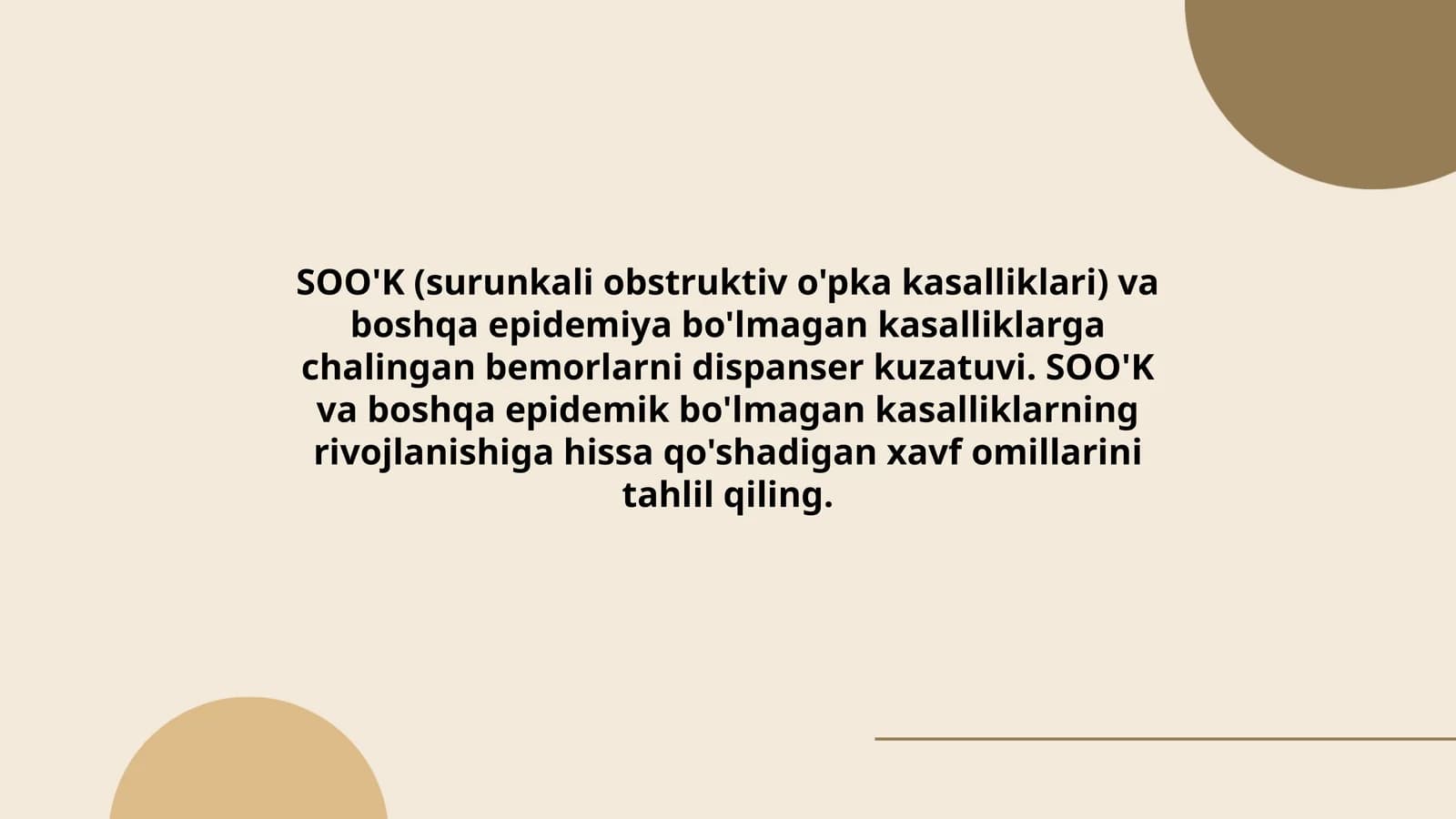 SOO'K (surunkali obstruktiv o'pka kasalliklari) va boshqa epidemiya bo'lmagan kasalliklarga chalingan bemorlarni dispanser kuzatuvi