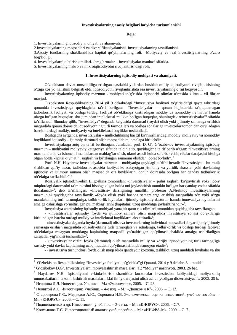Investitsiyalarning asosiy belgilari bo’yicha turkumlanishi