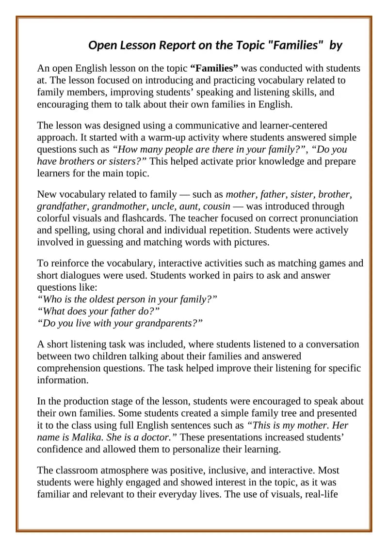 Open Lesson Report on the Topic "Families"
