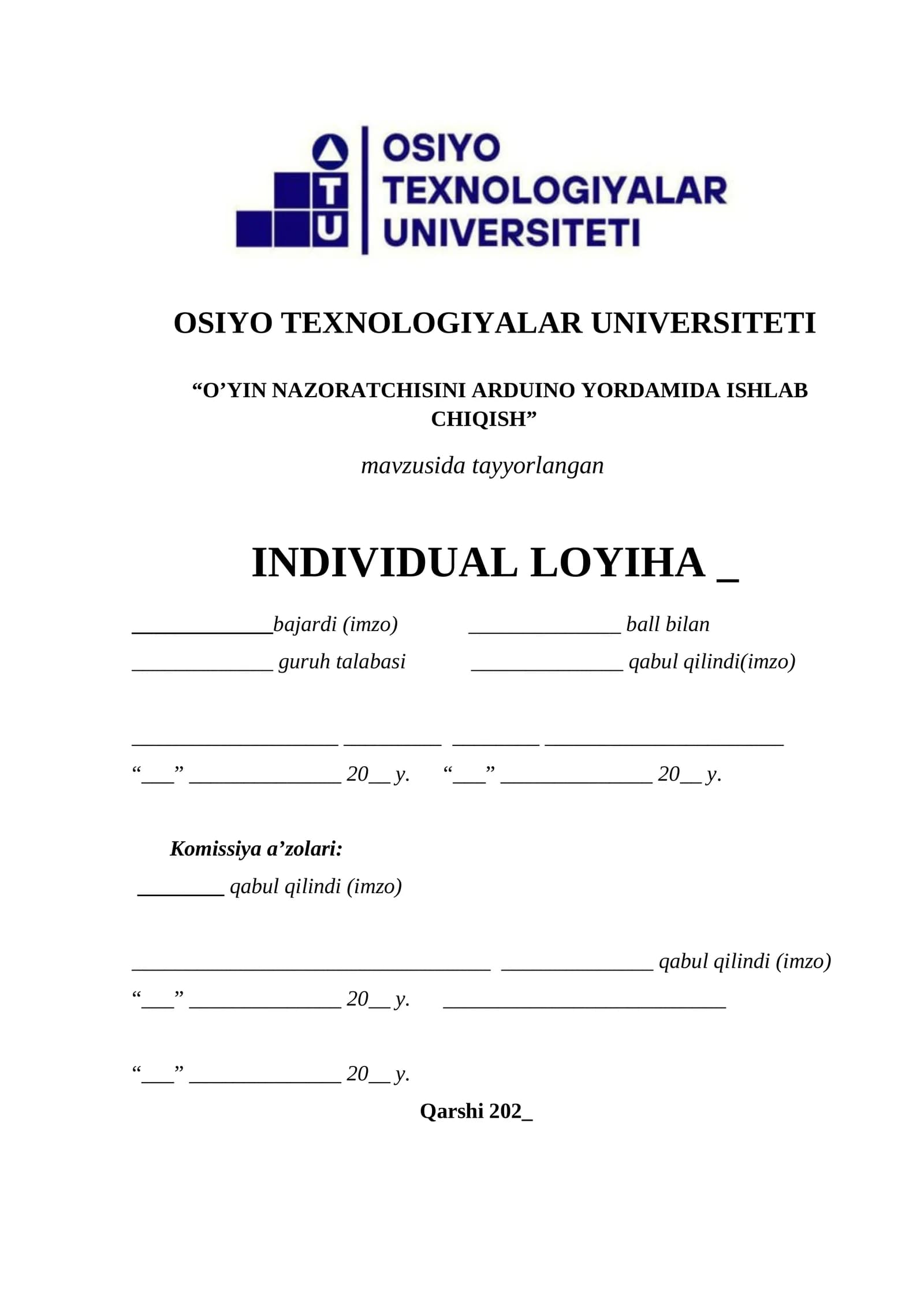 O’YIN NAZORATCHISINI ARDUINO YORDAMIDA ISHLAB CHIQISH