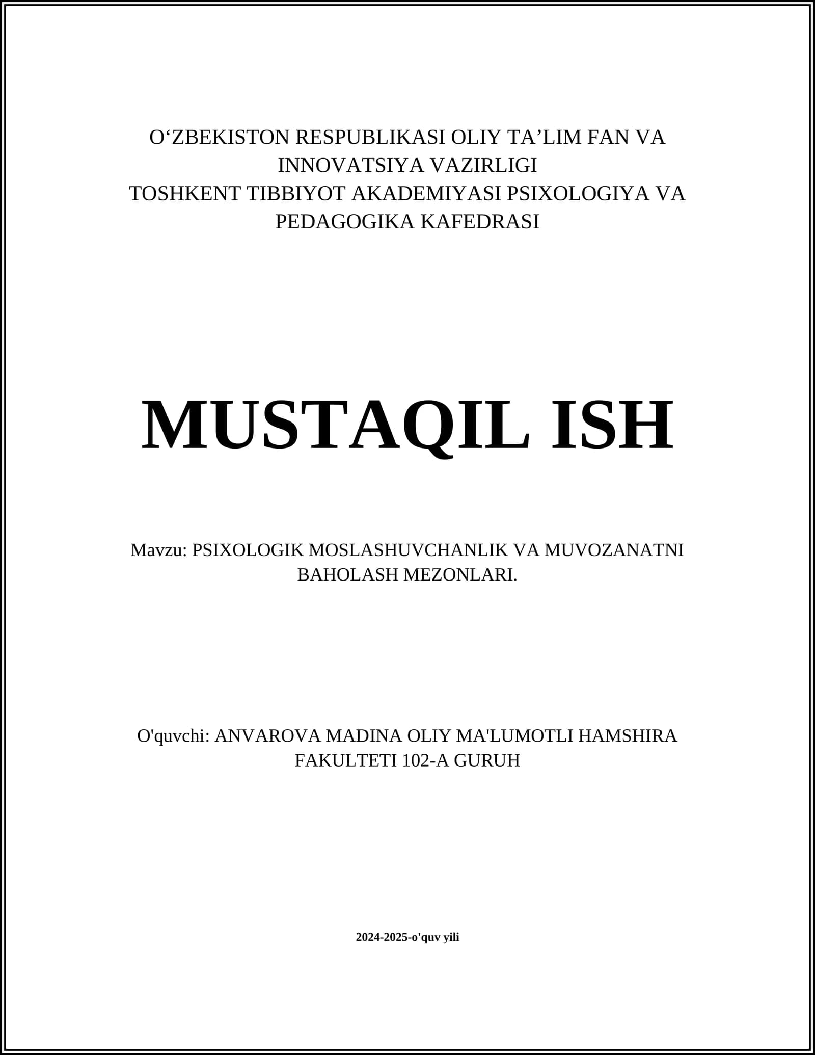 PSIXOLOGIK MOSLASHUVCHANLIK VA MUVOZANATNI BAHOLASH MEZONLARI