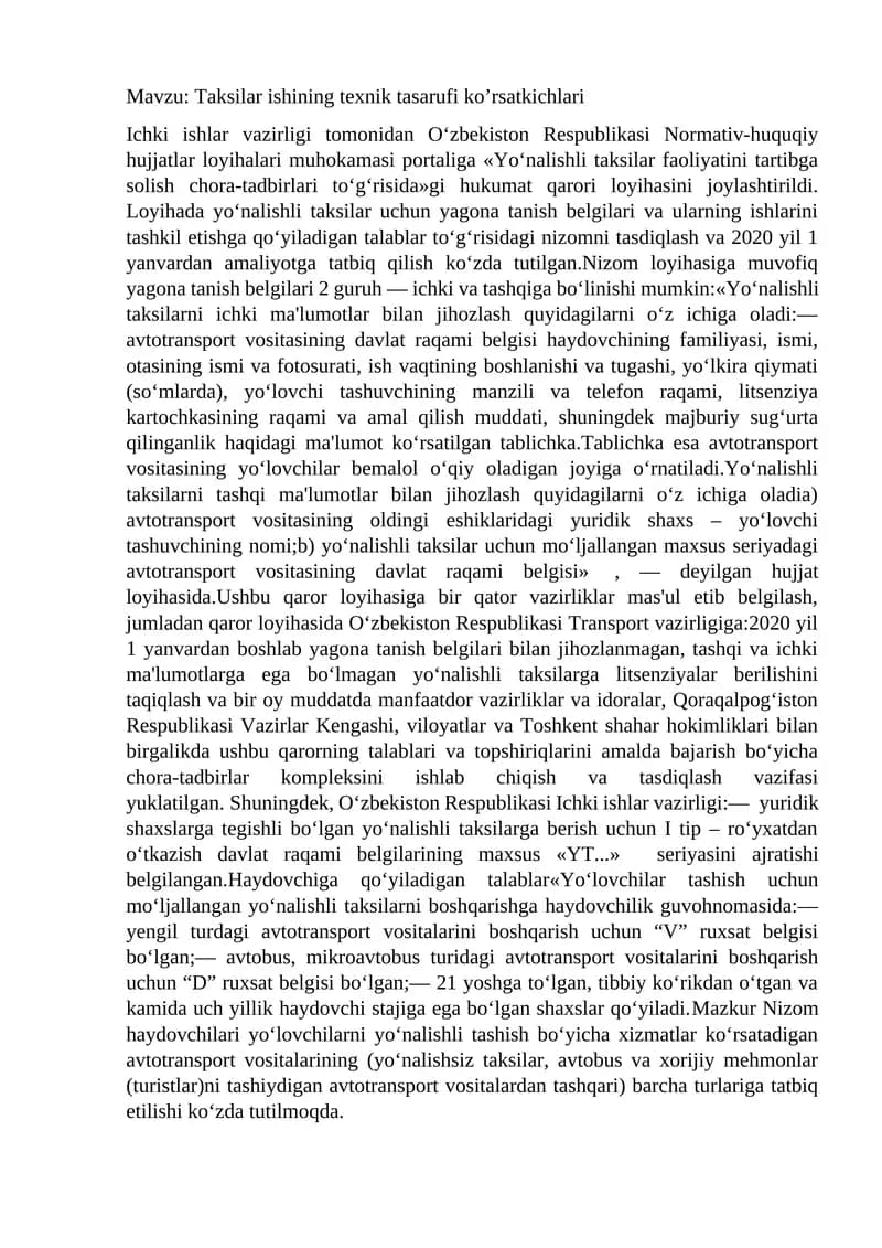 Yo‘nalishli taksilar faoliyatini tartibga solish chora-tadbirlari to‘g‘risida