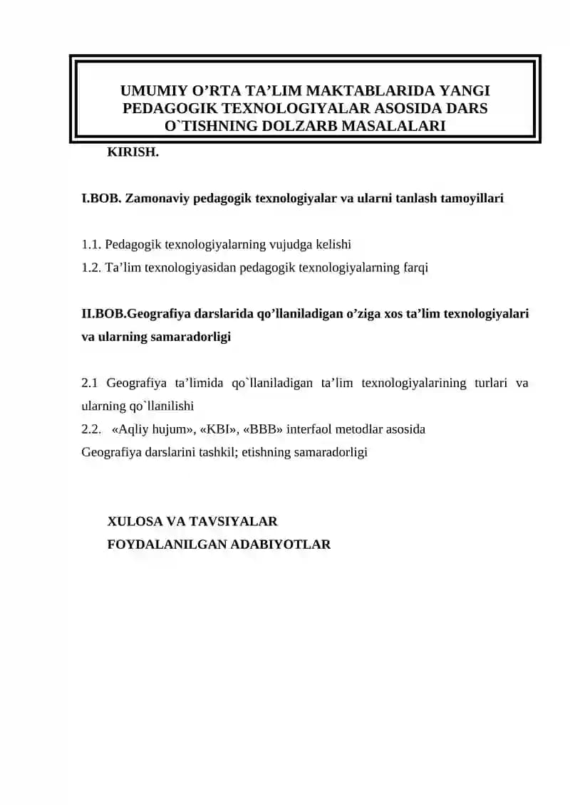 UMUMIY O’RTA TA’LIM MAKTABLARIDA YANGI PEDAGOGIK TEXNOLOGIYALAR ASOSIDA DARS O`TISHNING DOLZARB MASA