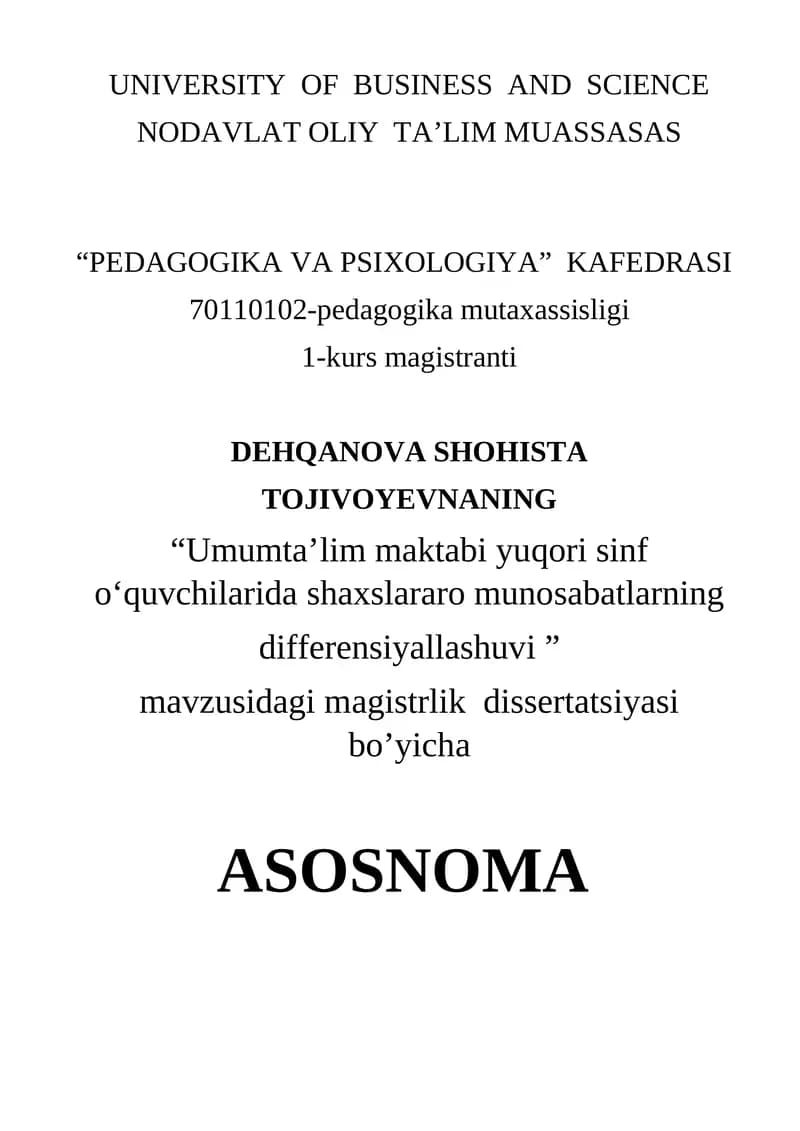MUNDARIJA - "Umumta’lim maktabi yuqori sinf o‘quvchilarida shaxslararo munosabatlarning differensiyallashuvi”