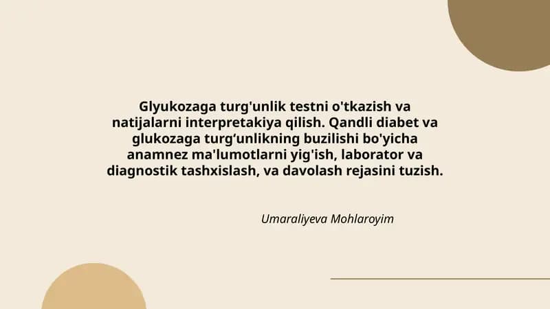 Glyukozaga turg'unlik testni o'tkazish va natijalarni interpretakiya qilish