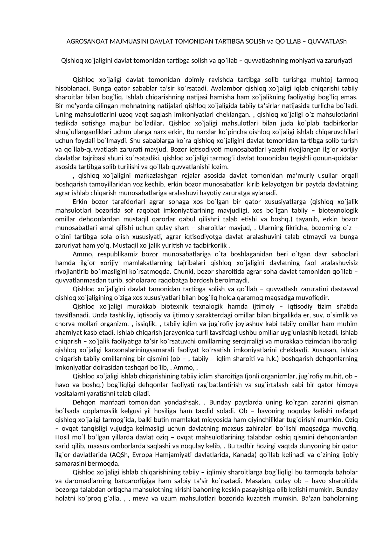 AGROSANOAT MAJMUASINI DAVLAT TOMONIDAN TARTIBGA SOLISh va QO`LLAB – QUVVATLASh