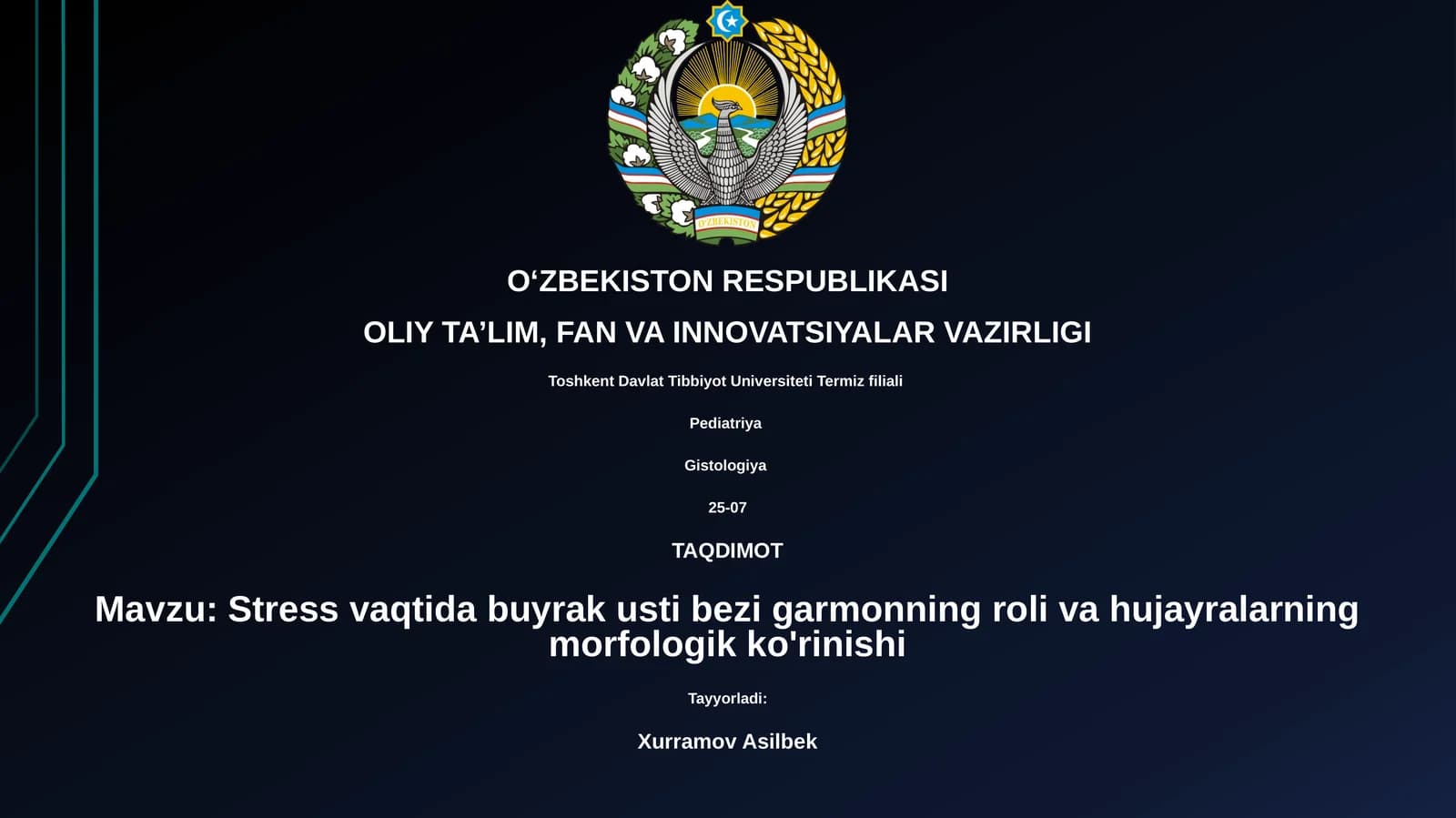 Stress vaqtida buyrak usti bezi garmonning roli va hujayralarning morfologik ko'rinishi
