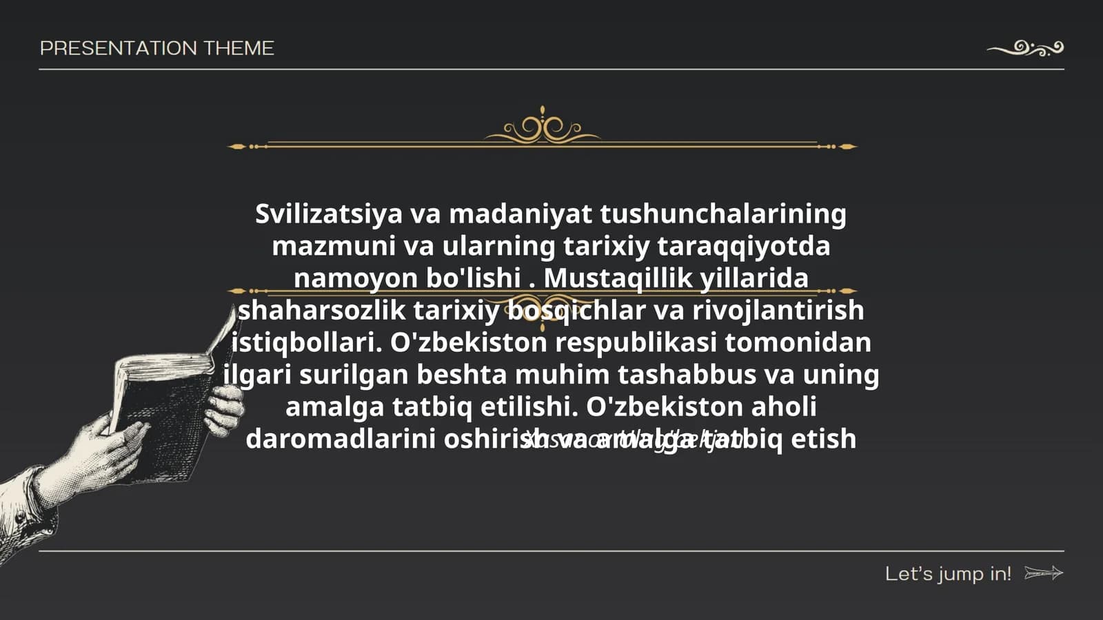 Svilizatsiya va madaniyat tushunchalarining mazmuni va ularning tarixiy taraqqiyotda namoyon bo'lishi. Mustaqillik yillarida shaharsozlik tarixiy bosqichlar va rivojlantirish istiqbollari. O'zbekiston respublikasi tomonidan ilgari surilgan beshta muhim tashabbus va uning amalga tatbiq etilishi. O'zbekiston aholi daromadlarini oshirish va amalga tatbiq etish