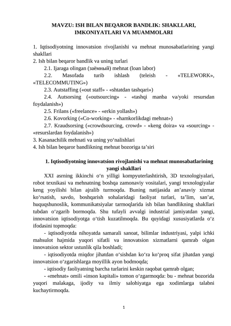 ISH BILAN BEQAROR BANDLIK: SHAKLLARI, IMKONIYATLARI VA MUAMMOLARI