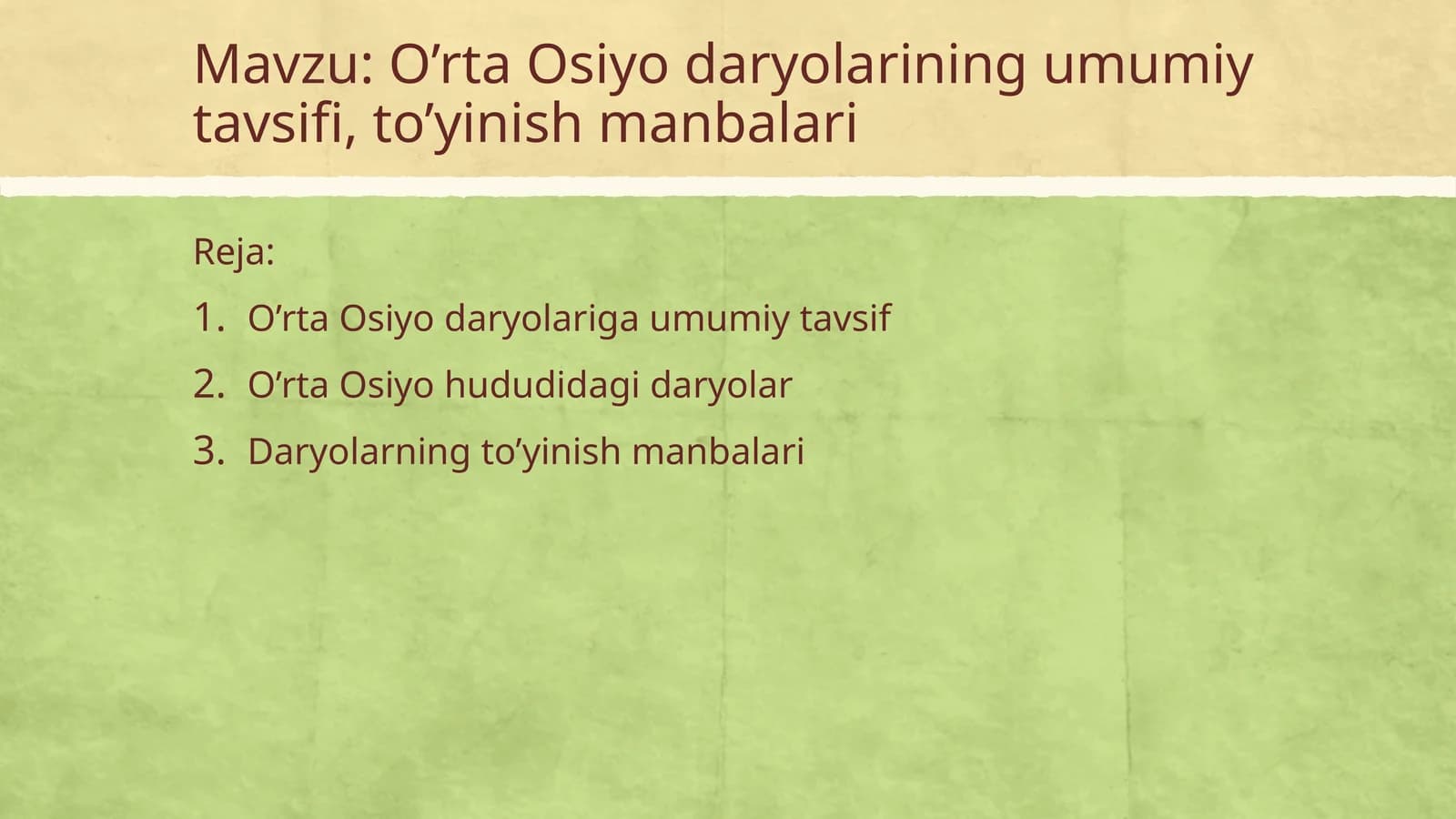 O’rta Osiyo daryolarining umumiy tavsifi, to’yinish manbalari