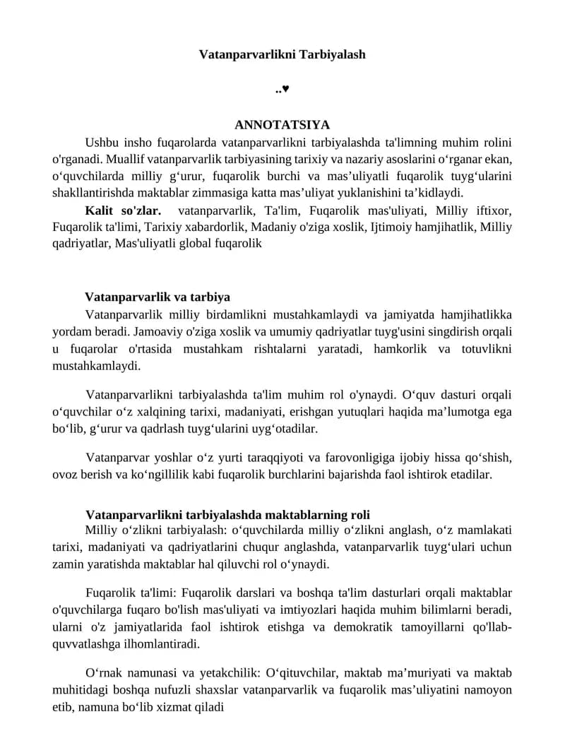 Vatanparvarlikni Tarbiyalash