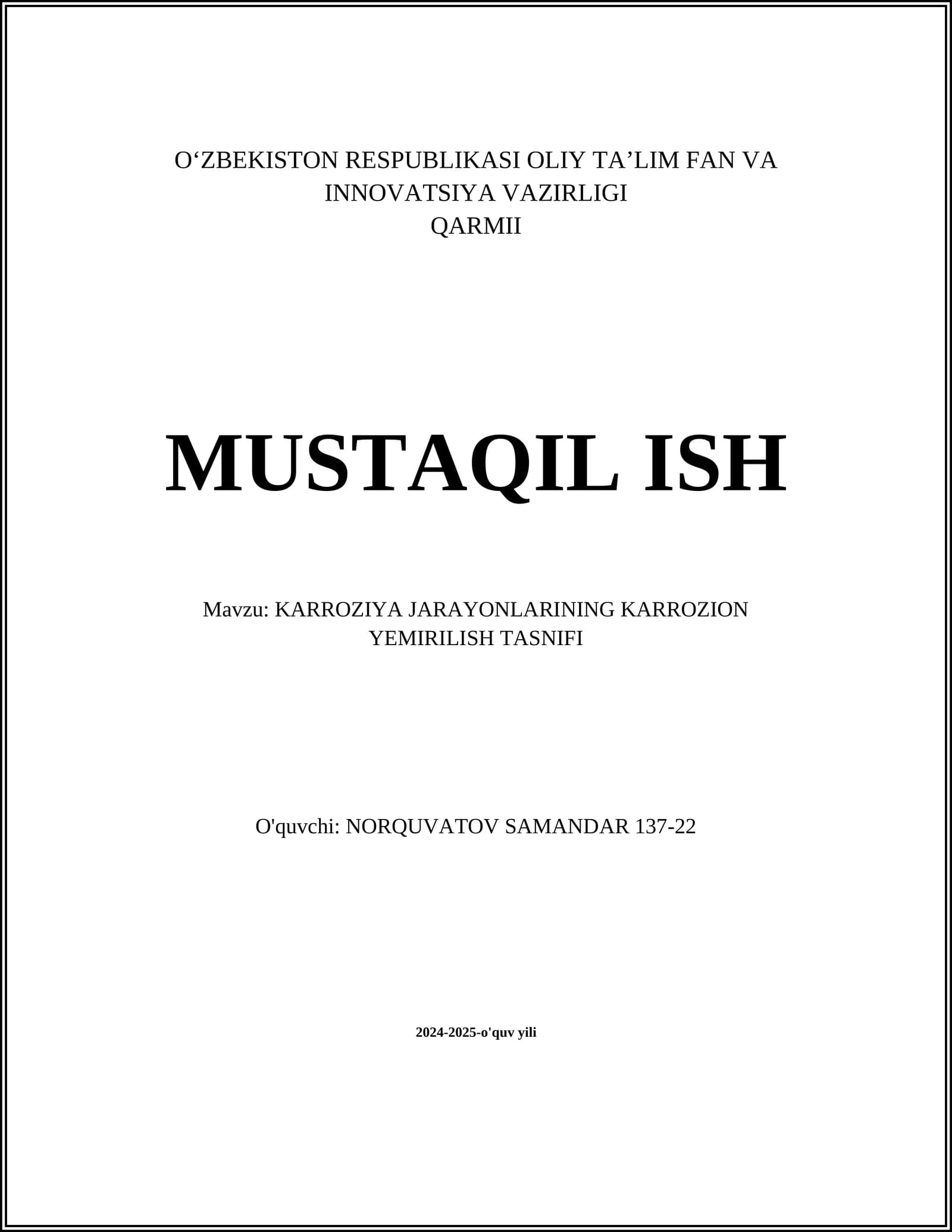 KARROZIYA JARAYONLARINING KARROZION YEMIRILISH TASNIFI
