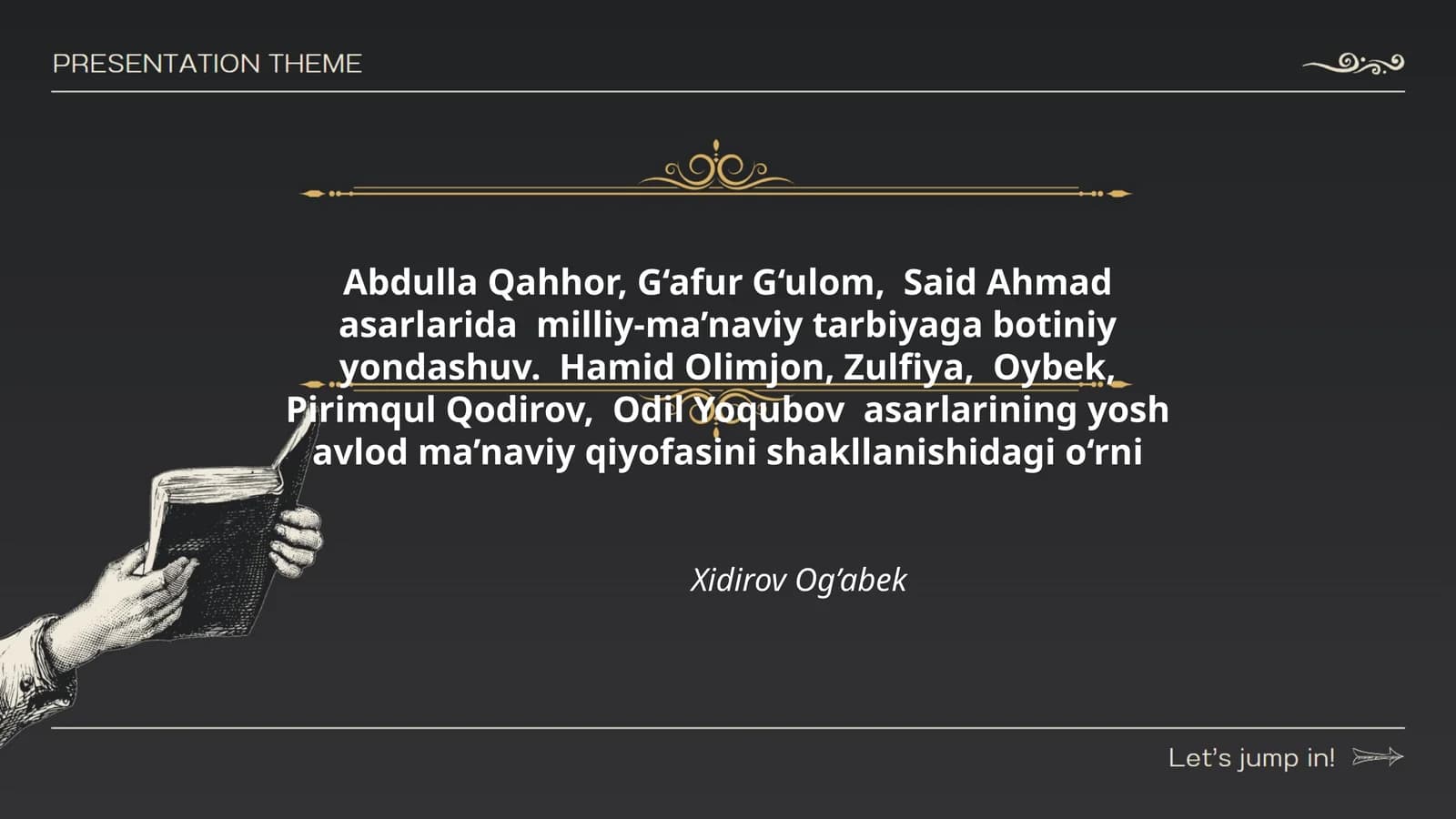 Abdulla Qahhor, G‘afur G‘ulom, Said Ahmad asarlarida milliy-ma’naviy tarbiyaga botiniy yondashuv. Hamid Olimjon, Zulfiya, Oybek, Pirimqul Qodirov, Odil Yoqubov asarlarining yosh avlod ma’naviy qiyofasini shakllanishidagi o‘rni