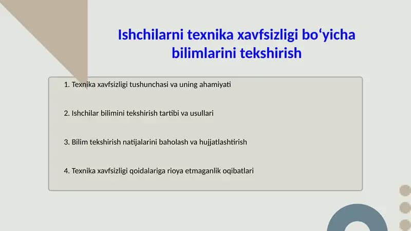 Ishchilarni texnika xavfsizligi boʻyicha bilimlarini tekshirish